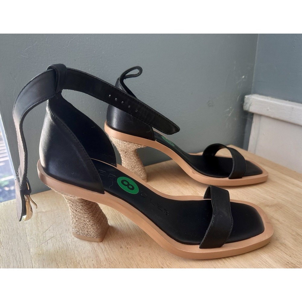 AEROSOLES Women's Size 8 Black Calico Square Toe Ankle Strap Heeled Sandal *READ